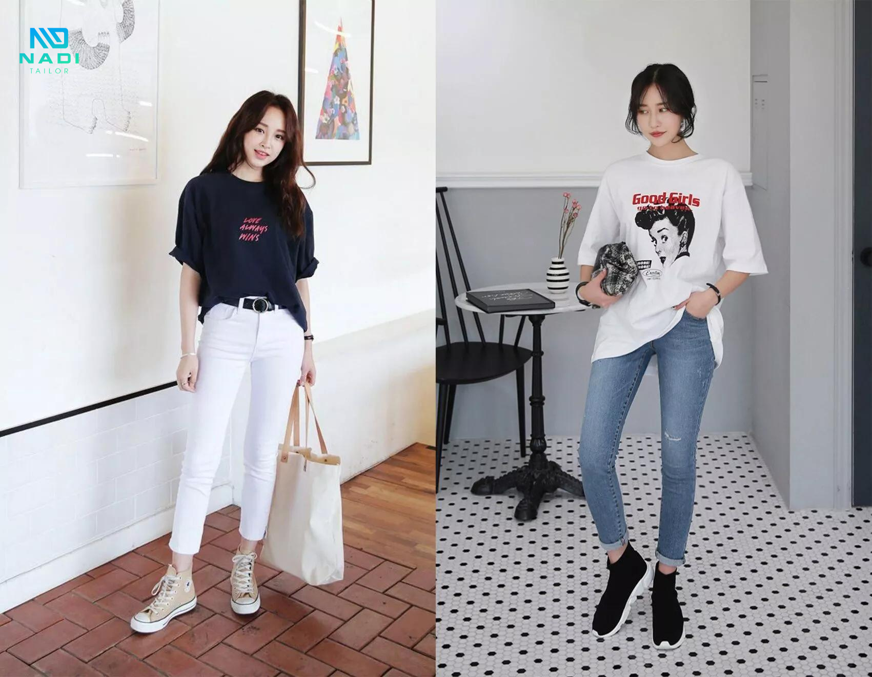 Áo phông rộng kết hợp cùng quần jeans được các bạn trẻ nam nữ yêu thích Áo phông rộng kết hợp cùng quần jeans được các bạn trẻ nam nữ yêu thích