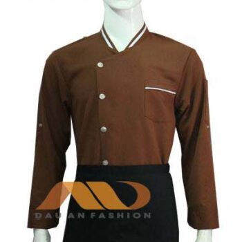 Áo Đầu Bếp Dài Tay Nâu Viền Trắng Cúc Bấm Phong Cách Tây Âu