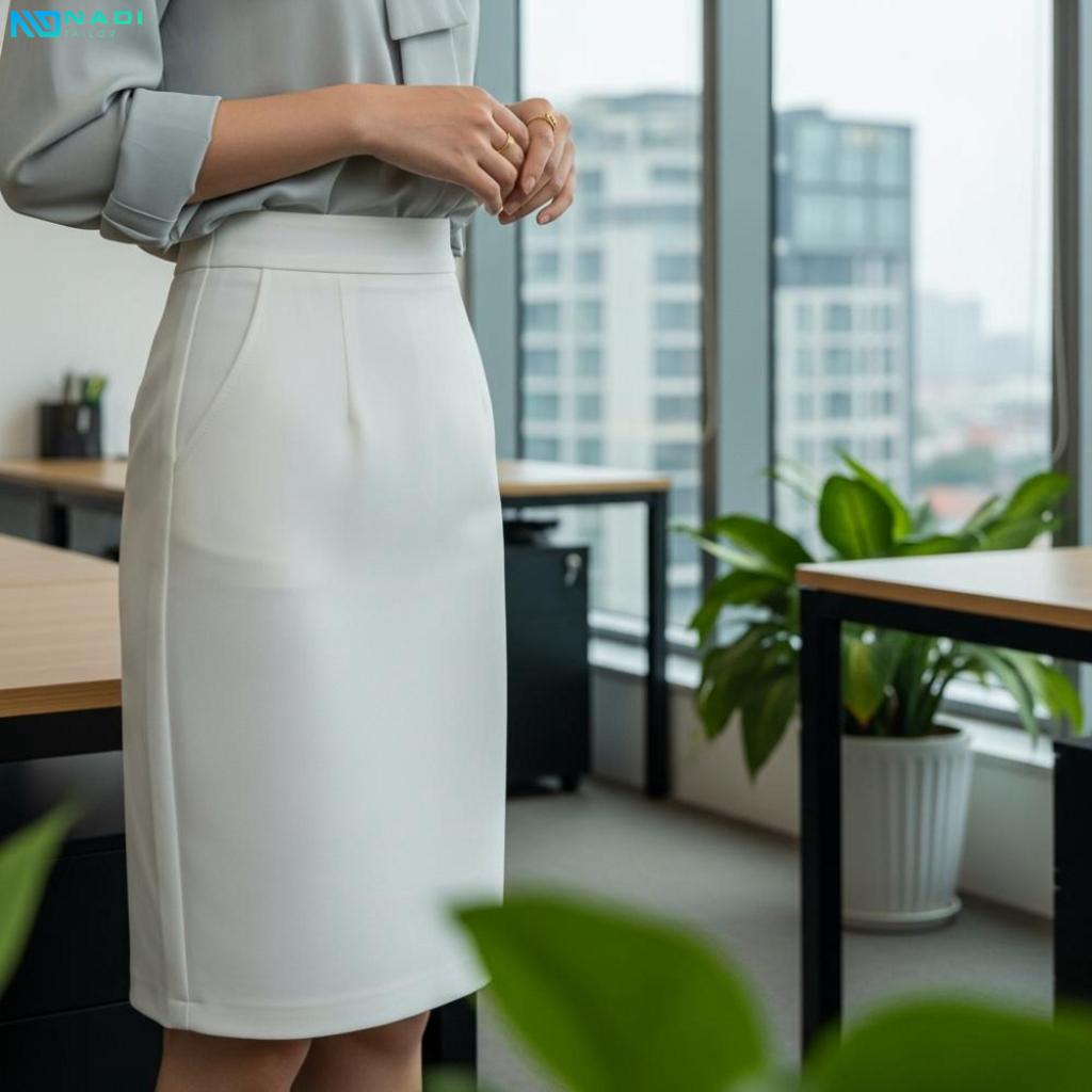 Cách phối đồ với chân váy công sở màu trắng
