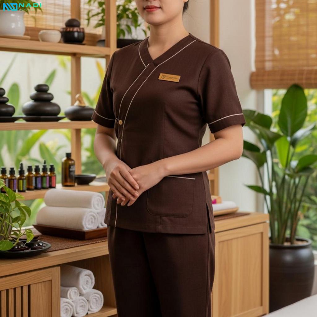 Các kiểu dáng và thiết kế đồng phục spa màu nâu Các kiểu dáng và thiết kế đồng phục spa màu nâu