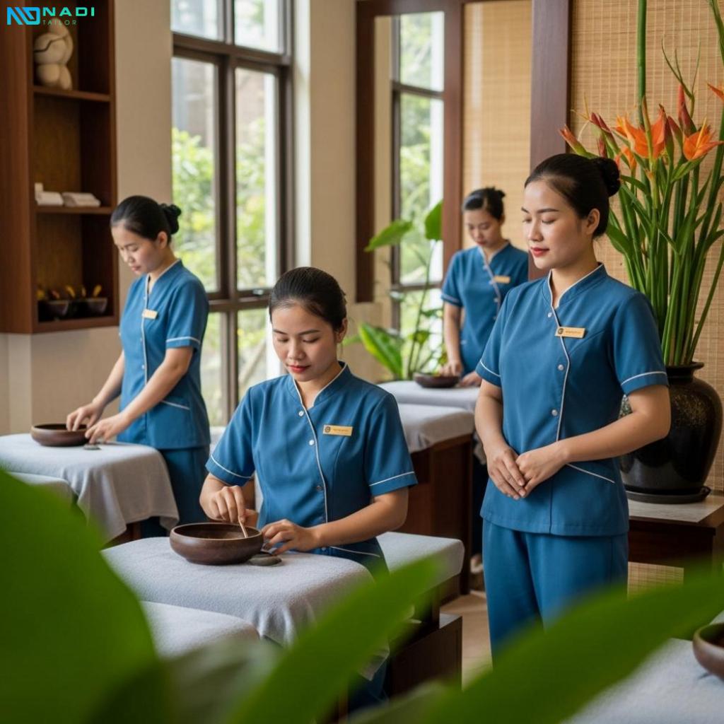 Chất liệu và kiểu dáng phù hợp cho đồng phục spa màu xanh Chất liệu và kiểu dáng phù hợp cho đồng phục spa màu xanh